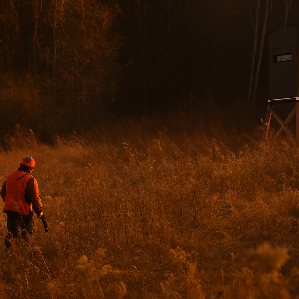 Hunter walking through brush at dawn toward an American-made Hunt Supply hunting blind in the woods