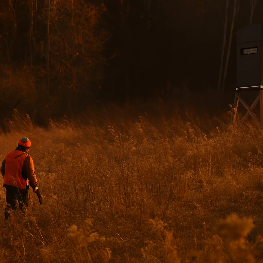 Hunter walking through brush at dawn toward an American-made Hunt Supply hunting blind in the woods