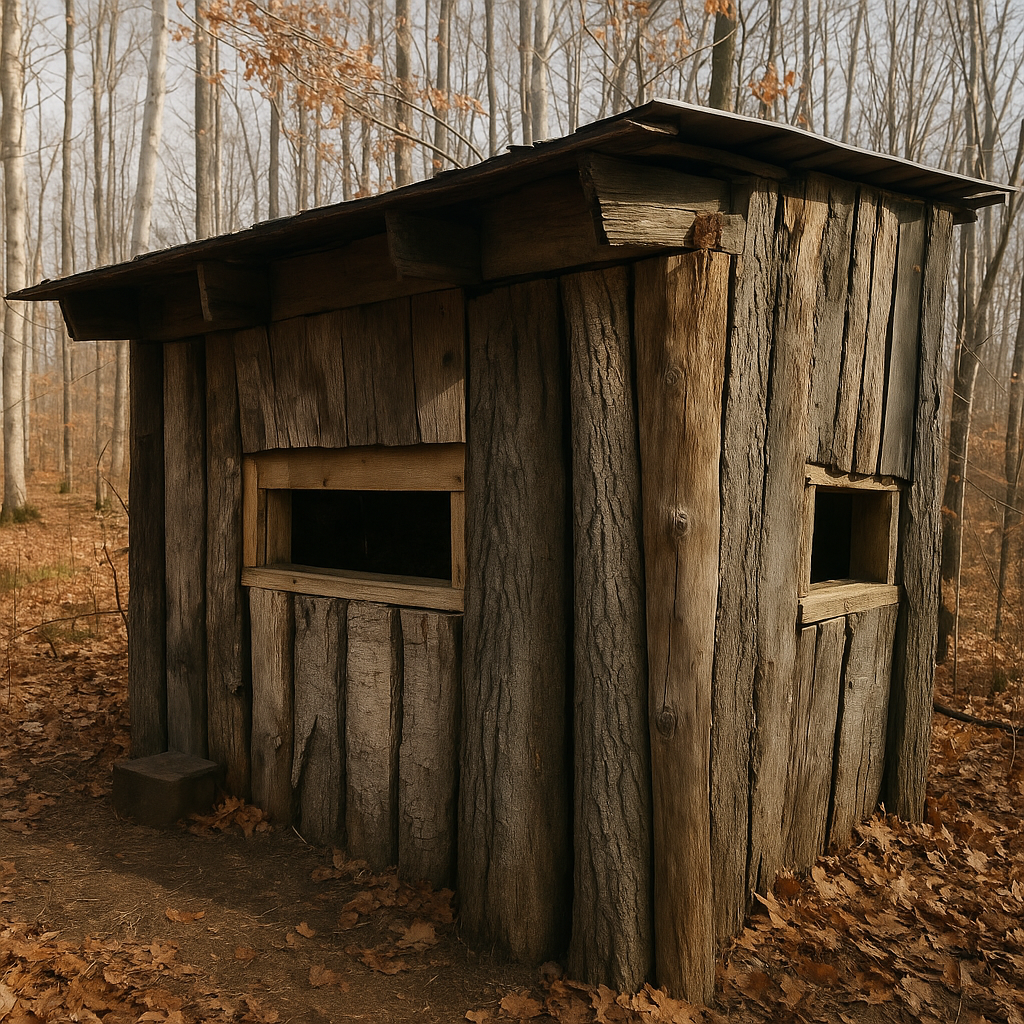 The Hunt Supply elevated insulated deer blind set against the treeline at first light